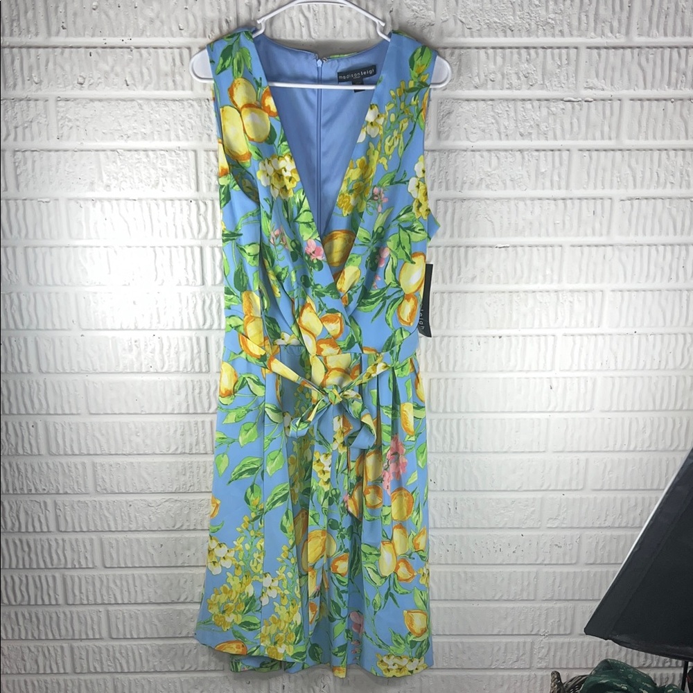 madison leigh Light Blue Floral Midi Dress Lemon Print summer wedding guest